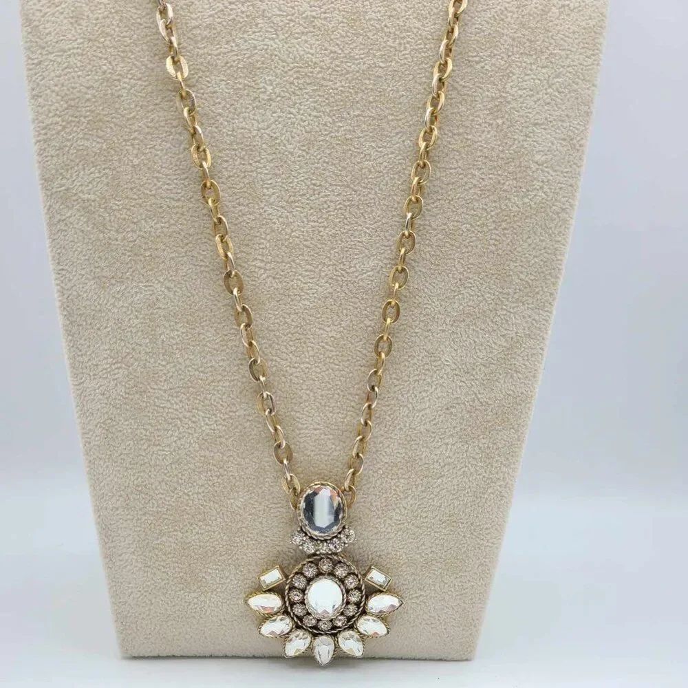 J Crew Clear Crystal Flower Sunburst Pendant on a Long Chain